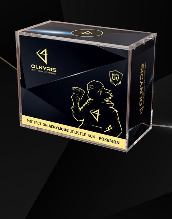 Boîtier acrylique Olnyris pour booster box Pokémon, vu de trois quarts.