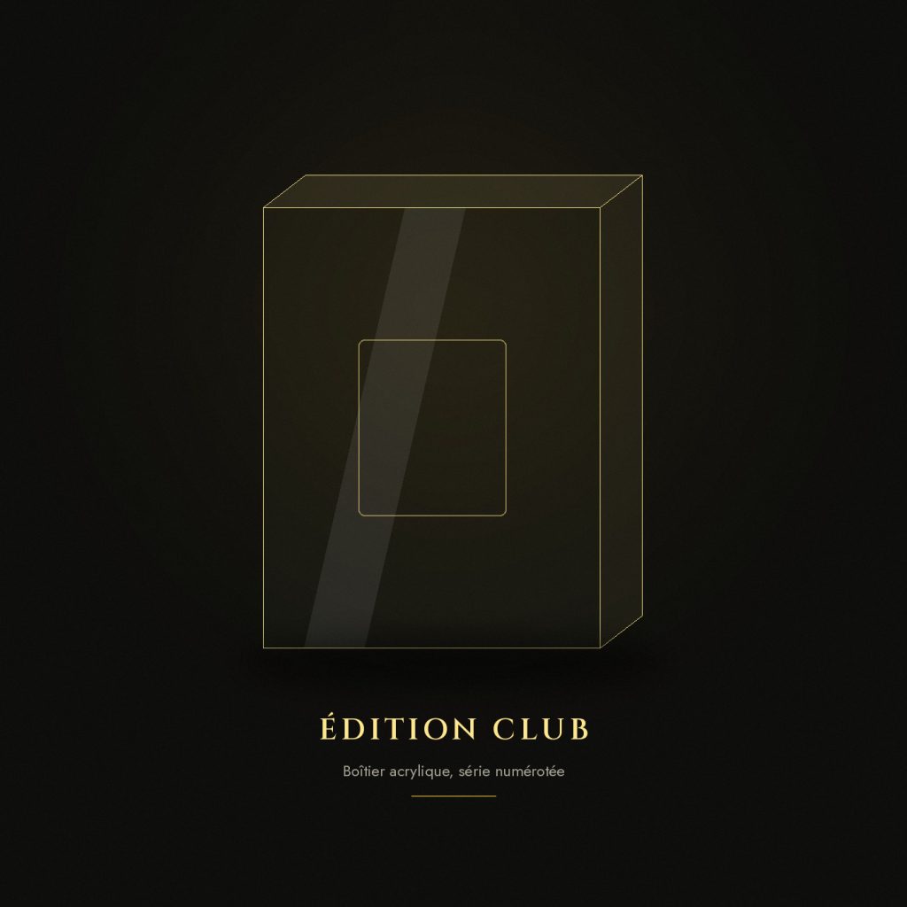 Visuel Olnyris « Édition Club » : silhouette dorée d'un boîtier acrylique sur fond noir.